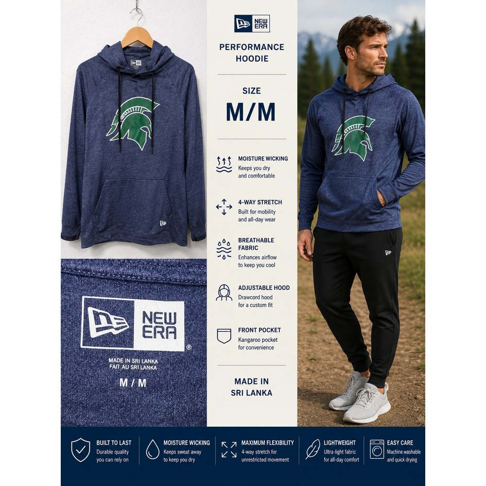 Michigan State Spartans Performance Hoodie Mens Medium Blue New Era College MSU - Picture 2 of 10
